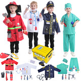 TOPTIE 4 Sets Kids Costumes w/ Storage Box for Age 3-7, Christmas Dress Up Uniforms Fireman Doctor Police Surgeon