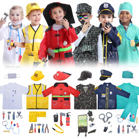 TOPTIE 6 Sets Kids Costumes with Accessories, Doctor Engineer Fireman Soldier Policeman Surgeon Dress Up Uniforms for Boys Girls