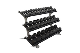 10-7140 69" 3-Tier Db Rack, Tray Style (69" Trays) With A 15 Pair (5-75Lb) Rubber Hex Dumbbell Set