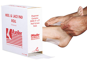 72-0049 Mueller Heel & Lace Pad Dispenser, 3" X 3"X 1/6" Perf Pads, 2000 Ct Per Box