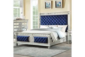 Acme Varian Eastern King Bed in Blue Velvet & Mirrored 26147EK