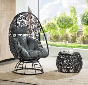 Acme Hikre Patio Lounge Chair & Side Table, Clear Glass, Charcaol Fabric & Black Wicker 45113