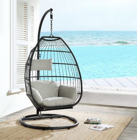 ACME Oldi Patio Hanging Chair with Stand, Beige Fabric & Black Wicker 45115