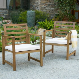 Outdoor Acacia Wood Club Chairs, 2-pcs Set, Natural Stained / White, 25.5"D x 24.5"W x 33.0"H