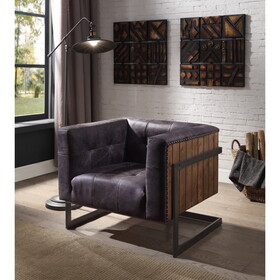 ACME Sagat Accent Chair, Antique Ebony Top Grain Leather & Rustic Oak 59667