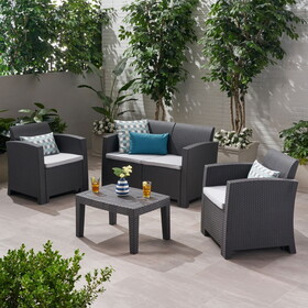 Outdoor Faux Wicker Rattan Style Chat Set with Water Resistant Cushions, 4-pcs Set, Charcoal / Light Grey