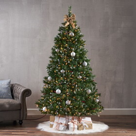 7' Mixed Frosted Hinged Tree with 52 Frosted Pine Cones and 26 Red Berry and 450 Clear Lights-UL,Dia:53",1219 Tips