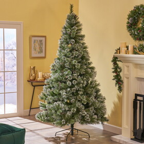 7' Brilste Mixed Hinged Tree with Snow and Glitter and 78 Frosted Pine Cones and Dia:49