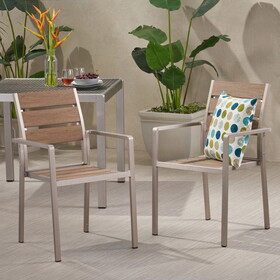 Outdoor Modern Aluminum Dining Chair with Faux Wood Seat (Set of 2), Natural and Silver 67214-00