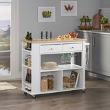 Kitchen Cart with Open Storage and Wheels for Kitchen and Dinning Room, White+Natural