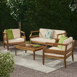 Aston Outdoor Mid-Century Modern Cushioned Acacia 4-seat Chat Set Loveseat & Coffee Table & Club Chair - Teak Finish + Cream Cushion