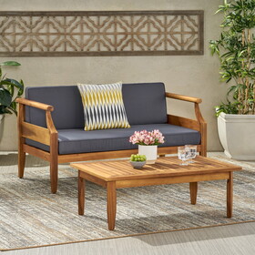 Aston Acacia Wood Outdoor Loveseat Set_Loveseat&Coffee Table - Teak Finish + Dark Gray Cushion