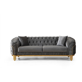 Vanessa Sofa Living Room Set in Grey and Gold with Fabric Button-Tufted Velvet Upholstery Finish 698781048603