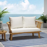 Outdoor Wooden Loveseat with Cushions - White/Teak - 55.50