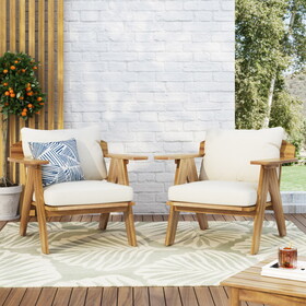 Outdoor Acacia Wood Club Chairs with Cushions (Set of 2), Teak Finish+ Beige, 30.75" W x 30.25" D x 26.00" H 70856.00BGE