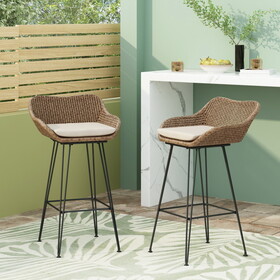 Outdoor 29.25" Wicker and Iron Barstool with Cushion (Set of 2) 71503-00LBRN