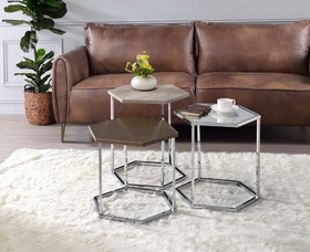 ACME Simno Nesting Tables, Clear Glass, Taupe, Gray Washed & Chrome Finish 82105