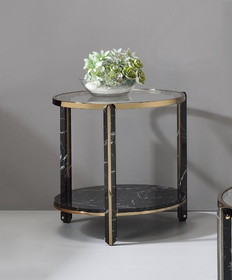 Acme Thistle End Table, Clear Glass, Faux Black Marble & Champagne Finish 83307
