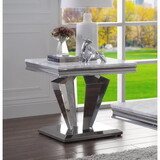 ACME Satinka End Table, Light Gray Printed Faux Marble & Mirrored Silver Finish 87219
