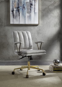 ACME Damir Office Chair, Vintage White Top Grain Leather & Gold 92422