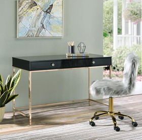 Acme Ottey Writing Desk, Black High Gloss & Gold Finish 93540