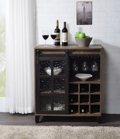 ACME Treju Wine Cabinet, Obscure Glass, Rustic Oak & Black Finish 97836