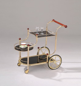 ACME Lacy Serving Cart, Gold Plated, Cherry Wood & Black Glass 98006