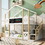 Twin over Twin House Bunk Bed with White Storage Staircase and Blackboards, White AA20554445W