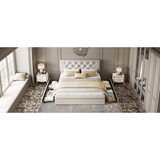 Full size Upholstered Platform bed with Four Drawers, Antique Curved Headboard, Linen Fabric, Beige (without mattress) P-AA20677980B
