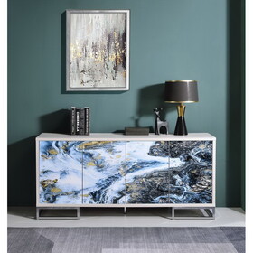 ACME Liam Console Cabinet, Blue Marble Paint & Chrome Finish AC02345