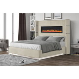 Lizelle Upholstery Wooden King Bed with Ambient lighting in Beige Velvet B00977486