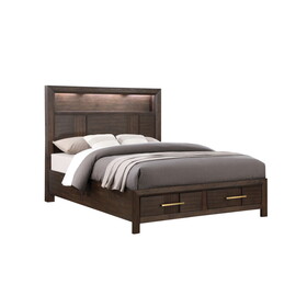 Kenzo Modern Style Queen Bed Made with Wood & LED Headboard with bookshelf in Walnut B009S01137