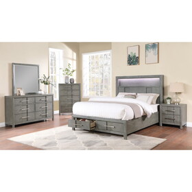 Kenzo Modern Style Queen 4PC Storage Bedroom Set Made with Wood, LED Headboard, Bluetooth Speakers & USB Ports - Grey B009S01147