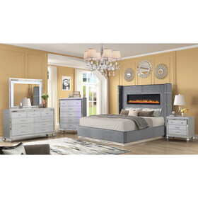 Lizelle Upholstery Wooden King 4 PC Bedroom set with Ambient lighting in Gray Velvet Finish B009S01234