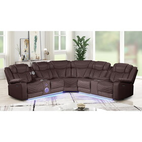 Challenger Modern Style Recliner Sectional Sofa, Built in USB-C Ports & Bluetooth, made with Wood & Faux Leather in Brown B009S01265