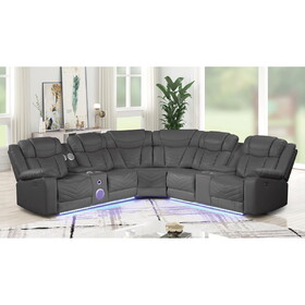 Modern Style Recliner Sectional Sofa, Built in USB-C Ports & Bluetooth, made with Wood & Faux Leather in Gray B009S01266