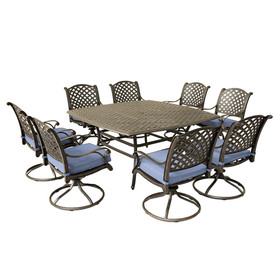 Square 8 - Person 63.98" Long Dining Set with Navy Blue Cushions B010S00181