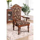 Traditional Fancy Set of 2pcs Arm Chairs Brown Cherry Solid wood Intricate Carved Details Floral Design Print Fabric Seats Formal Dining Room Furniture