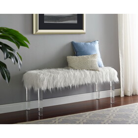 1pc White Glam Accent Bench with Faux Fur Seat Transparent Legs B011123273