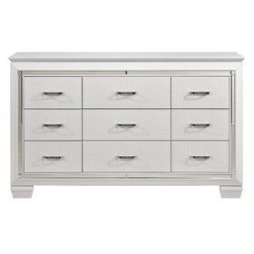 White Finish Dresser Bold Design 9 Drawers Glamorous Faux-Alligator Textured Fronts Wooden Bedroom Furniture
