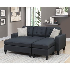 Reversible 3pc Sectional Sofa Set Black Tufted Polyfiber Wood Legs Chaise Sofa Ottoman Pillows Cushion Couch B01149071