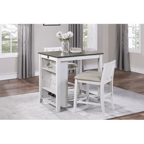Transitional Design White and Gray Finish 3-Piece Pack Counter Height Set Table W Display Shelf USB Ports and 2X Counter Height Chairs Fabric Upholstered Dining Furniture B01166428