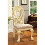 Formal Majestic Traditional Dining Chairs Vintage White Solid Wood Fabric Seat Intricate Carved Details Set of 2 Side Chairs