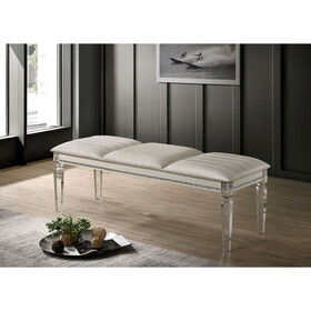 Antique Classic Pearl White 1pc Bench Only Contemporary Solid wood Acrylic Legs Crystal and Mirror Accent