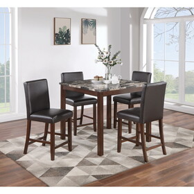 Classic Stylish Espresso Finish 5pc Counter Height Dining Set Kitchen Dinette Faux Marble Top Table and 4x High Chairs Faux Leather Cushions Seats Dining Room B011P148646