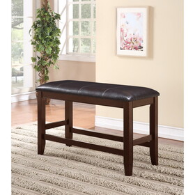 Farmhouse Style 1pc Brown Espresso Counter Height Bench Footrest Faux Leather Upholstered Seat Wooden Furniture B011P149006