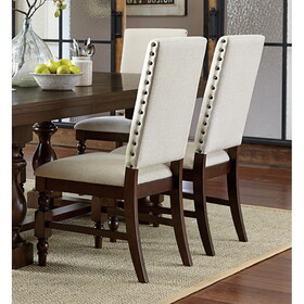 Dark Oak Finish Wooden Dining Chairs Set of 2 Cream Upholstered Back Seat Nailhead Trim Modern Dining Furniture B011P168453