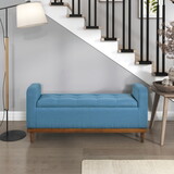 Mid-Century Modern Lift Top Storage Bench 1pc Tufted Blue Upholstered Solid Wood Walnut Finish Wooden Furniture B011P169816