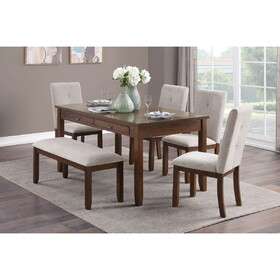 Dark Cherry Finish 6pc Dining Set Table Bench and 4 Side Chair Chenille Upholstery Functional Drawers Table Wooden Funiture Dining Kitchen Set B011S00846