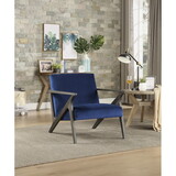 Retro Style Velvet Upholstered Blue Accent Chair 1pc Solid Rubberwood Antique Gray Finish Modern Home Furniture